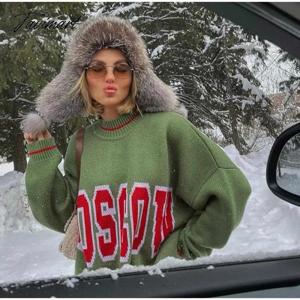 Women Letter Printed Loose Knitted Sweater Female O-neck Casual Streetwear Sweatshirt Ladies Winter Pullover Street Clothes