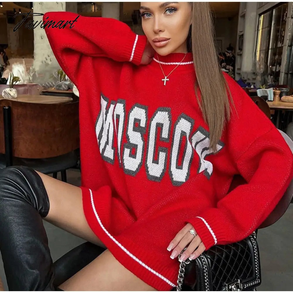 Women Letter Printed Loose Knitted Sweater Female O-neck Casual Streetwear Sweatshirt Ladies Winter Pullover Street Clothes