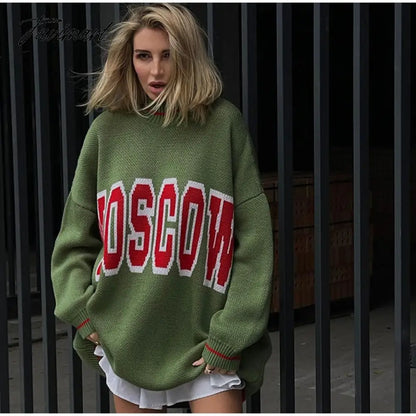 Women Letter Printed Loose Knitted Sweater Female O-neck Casual Streetwear Sweatshirt Ladies Winter Pullover Street Clothes