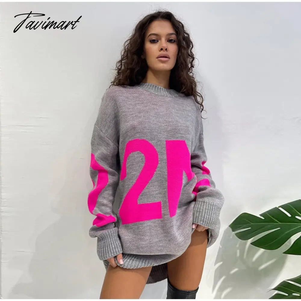 Women Letter Printed Loose Knitted Sweater Female O-neck Casual Streetwear Sweatshirt Ladies Winter Pullover Street Clothes