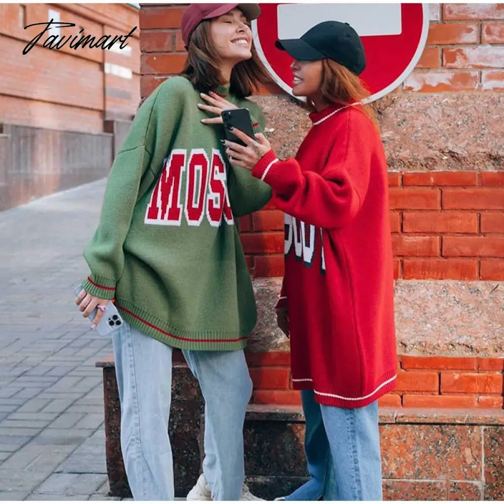 Women Letter Printed Loose Knitted Sweater Female O-neck Casual Streetwear Sweatshirt Ladies Winter Pullover Street Clothes