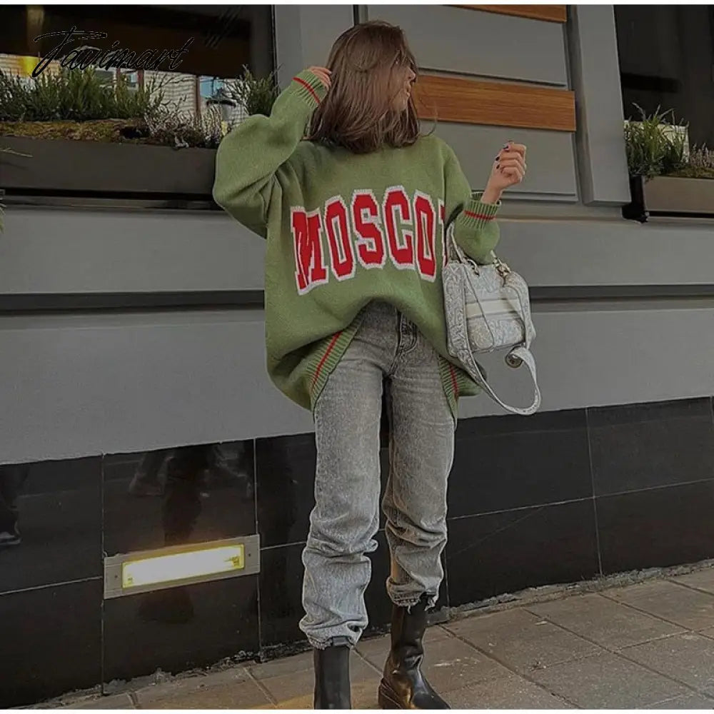 Women Letter Printed Loose Knitted Sweater Female O-neck Casual Streetwear Sweatshirt Ladies Winter Pullover Street Clothes