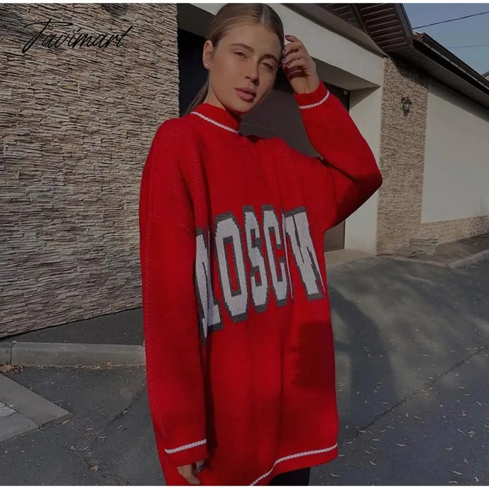 Women Letter Printed Loose Knitted Sweater Female O-neck Casual Streetwear Sweatshirt Ladies Winter Pullover Street Clothes