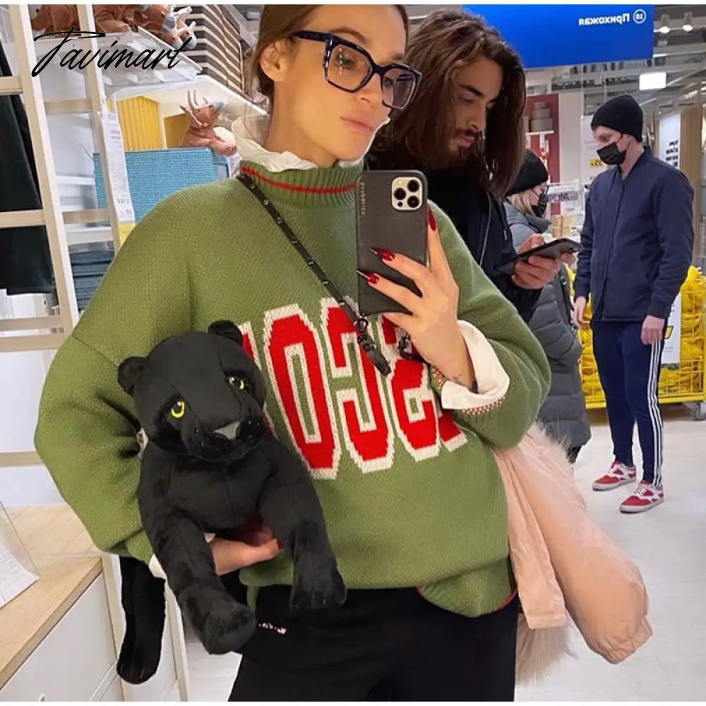 Women Letter Printed Loose Knitted Sweater Female O-neck Casual Streetwear Sweatshirt Ladies Winter Pullover Street Clothes