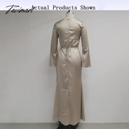 Women Long Dress Autumn Fashion Simple Round Neck Satin Flare Sleeve Lace Up Slim Evening Party Dresses Streetwear