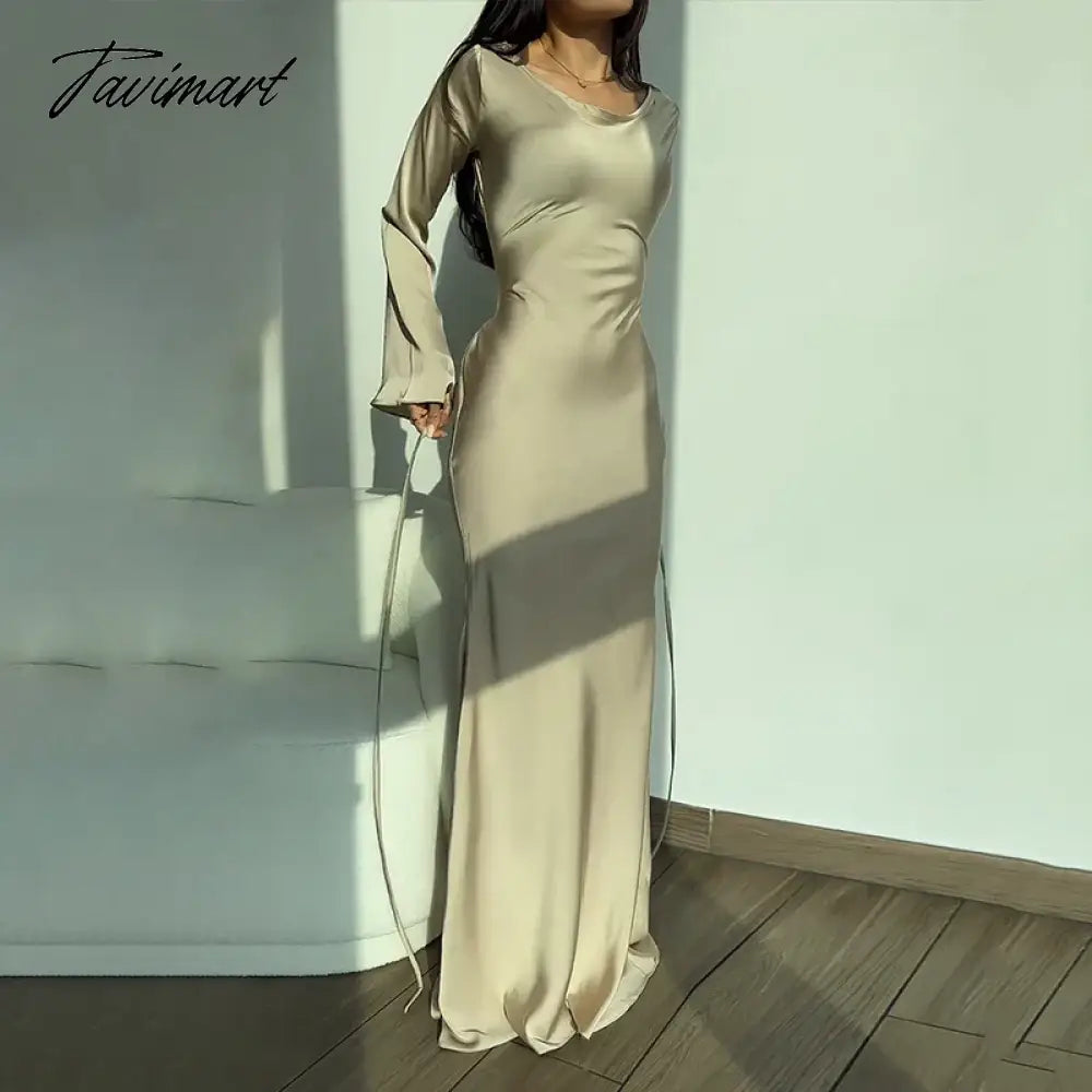 Women Long Dress Autumn Fashion Simple Round Neck Satin Flare Sleeve Lace Up Slim Evening Party Dresses Streetwear