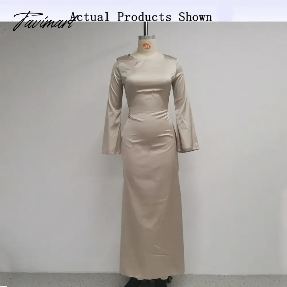 Women Long Dress Autumn Fashion Simple Round Neck Satin Flare Sleeve Lace Up Slim Evening Party Dresses Streetwear