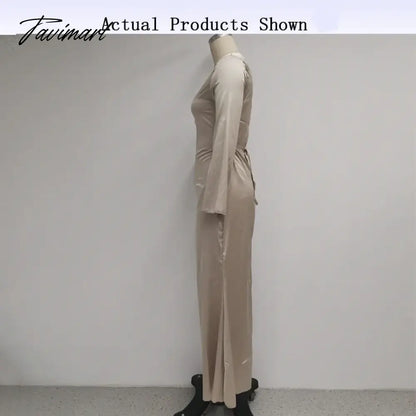 Women Long Dress Autumn Fashion Simple Round Neck Satin Flare Sleeve Lace Up Slim Evening Party Dresses Streetwear