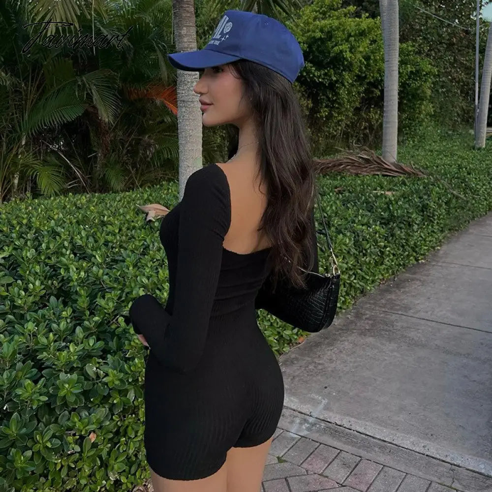 Women Long Sleeve Playsuit Autumn Rib Knitted Square Neck Bodycon Sexy Rompers Jumpsuit Femme Black One Piece Overall Y2K