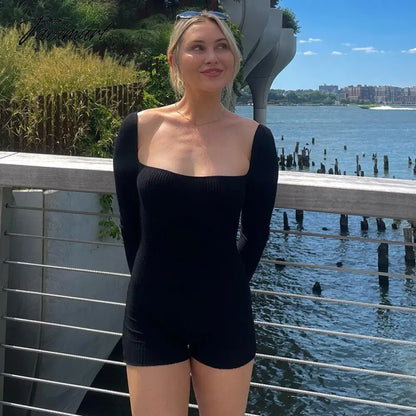 Women Long Sleeve Playsuit Autumn Rib Knitted Square Neck Bodycon Sexy Rompers Jumpsuit Femme Black One Piece Overall Y2K