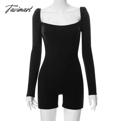 Women Long Sleeve Playsuit Autumn Rib Knitted Square Neck Bodycon Sexy Rompers Jumpsuit Femme Black One Piece Overall Y2K