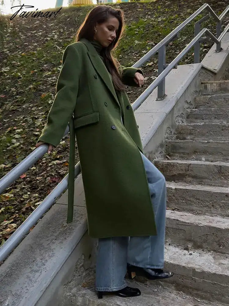Women Long Woolen Blends Overcoats Coat Fashion Belt Single Breasted Lapel Autumn Winter Warm Lady High Street Windbreaker