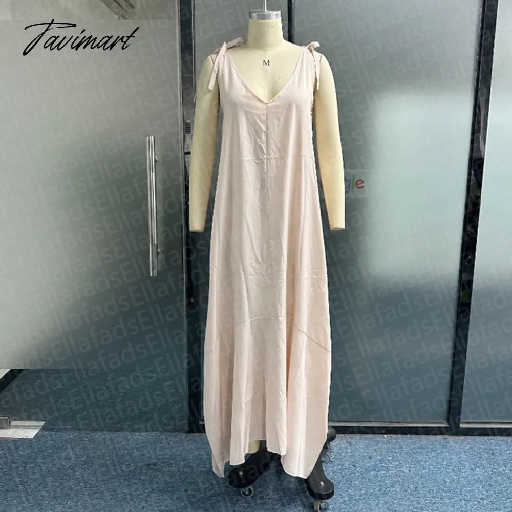 Women Maxi Dress Summer Casual Solid Sleeveless V Neck Lace Up Loose Vacation Beach Dresses High Streetwear