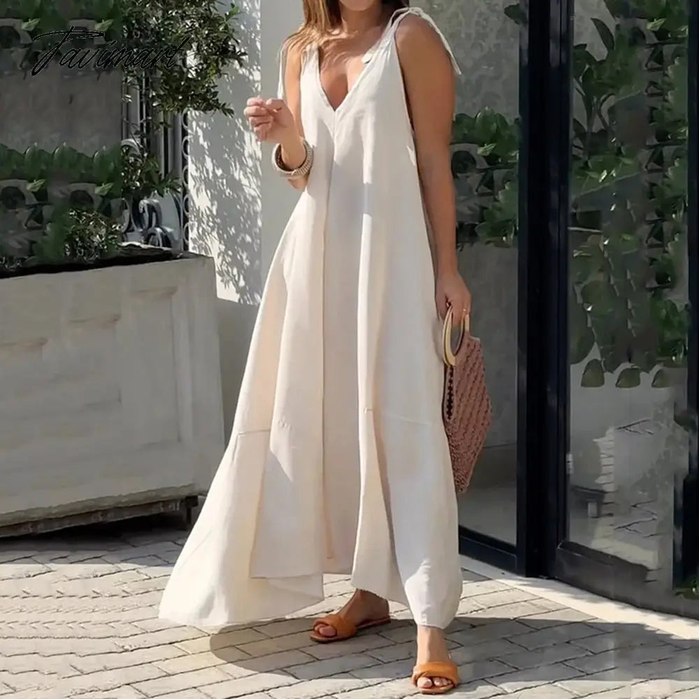 Women Maxi Dress Summer Casual Solid Sleeveless V Neck Lace Up Loose Vacation Beach Dresses High Streetwear