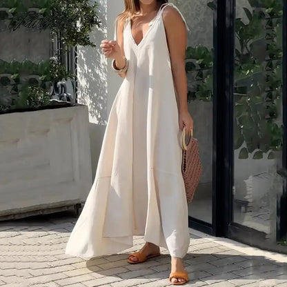 Women Maxi Dress Summer Casual Solid Sleeveless V Neck Lace Up Loose Vacation Beach Dresses High Streetwear