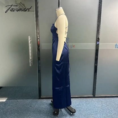 Women Maxi Dress Summer Sexy Solid Suspender Square Neck Sleeveless Slit Backless Lace Up Slim Nipped Waist Party Dress