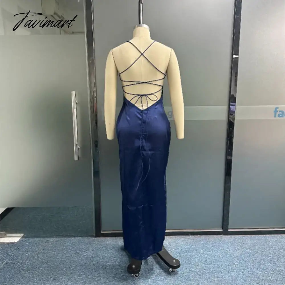 Women Maxi Dress Summer Sexy Solid Suspender Square Neck Sleeveless Slit Backless Lace Up Slim Nipped Waist Party Dress
