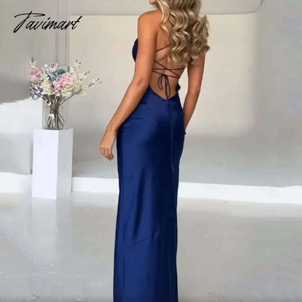 Women Maxi Dress Summer Sexy Solid Suspender Square Neck Sleeveless Slit Backless Lace Up Slim Nipped Waist Party Dress