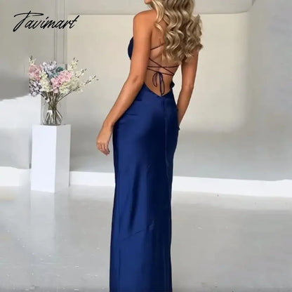 Women Maxi Dress Summer Sexy Solid Suspender Square Neck Sleeveless Slit Backless Lace Up Slim Nipped Waist Party Dress