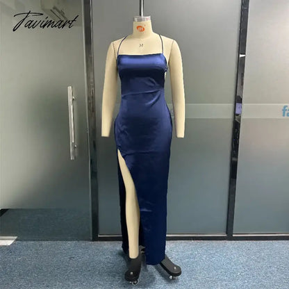 Women Maxi Dress Summer Sexy Solid Suspender Square Neck Sleeveless Slit Backless Lace Up Slim Nipped Waist Party Dress