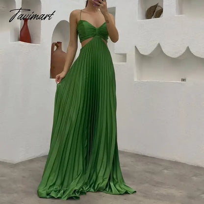 Women Maxi Dress Summer Solid Sling Suspender Sleeveless Pleated Backless Lace Up Beach Party Dresses High Streetwear