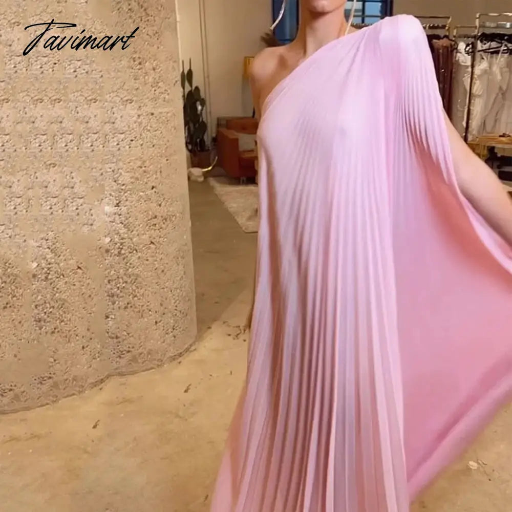 Women Maxi Dress Trendy One Shoulder Solid Pink Irregular Pleated Batwing Sleeve Loose Evening Dresses High Streetwear