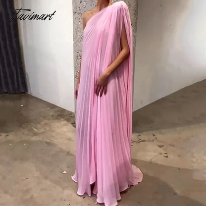 Women Maxi Dress Trendy One Shoulder Solid Pink Irregular Pleated Batwing Sleeve Loose Evening Dresses High Streetwear