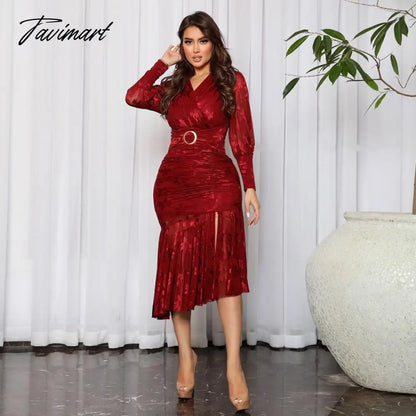 Women Midi Dresses Mermaid Jacquard Weave Pattern Long Sleeve Smocked Package Hip Trumpet Dress Birthday Wedding Guest Gowns