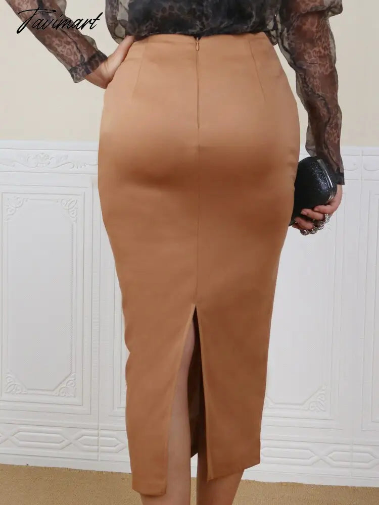Women Midi Pencil Skirt Elegant High Waist Buttons Classy Khaki Elastic Bodycon Retro Jupes Falads Saias Fall Office Wear