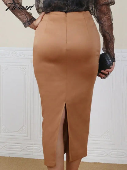 Women Midi Pencil Skirt Elegant High Waist Buttons Classy Khaki Elastic Bodycon Retro Jupes Falads Saias Fall Office Wear