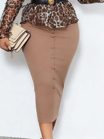 Women Midi Pencil Skirt Elegant High Waist Buttons Classy Khaki Elastic Bodycon Retro Jupes Falads Saias Fall Office Wear