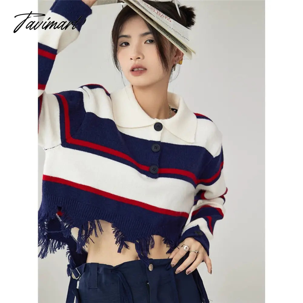 Women Navy Blue Stripe Sweater Short POLO Collar Contrasting Colors Fashion Tassels Leisure Winter Long Sleeves Knitting Tops