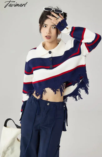 Women Navy Blue Stripe Sweater Short POLO Collar Contrasting Colors Fashion Tassels Leisure Winter Long Sleeves Knitting Tops