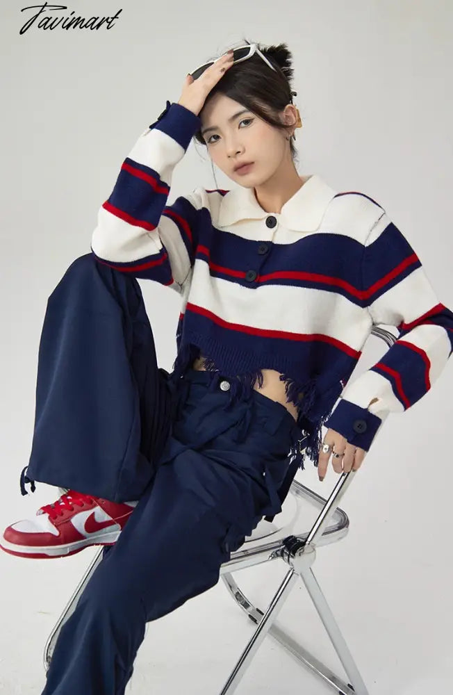 Women Navy Blue Stripe Sweater Short POLO Collar Contrasting Colors Fashion Tassels Leisure Winter Long Sleeves Knitting Tops