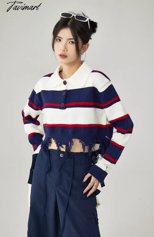 Women Navy Blue Stripe Sweater Short POLO Collar Contrasting Colors Fashion Tassels Leisure Winter Long Sleeves Knitting Tops