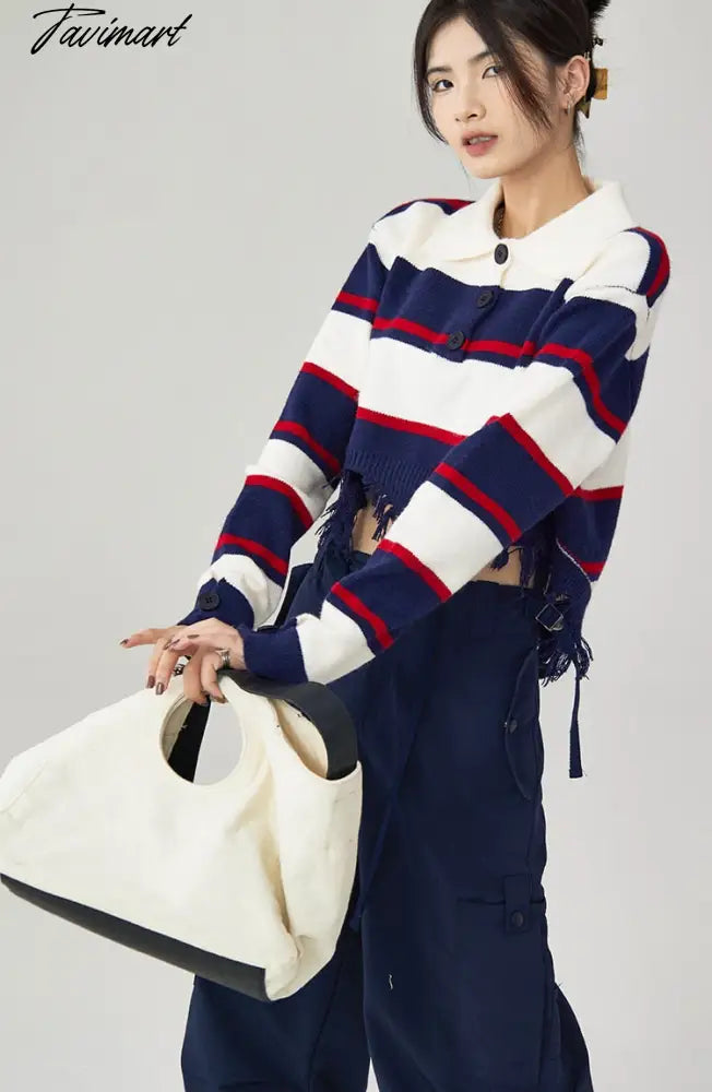 Women Navy Blue Stripe Sweater Short POLO Collar Contrasting Colors Fashion Tassels Leisure Winter Long Sleeves Knitting Tops