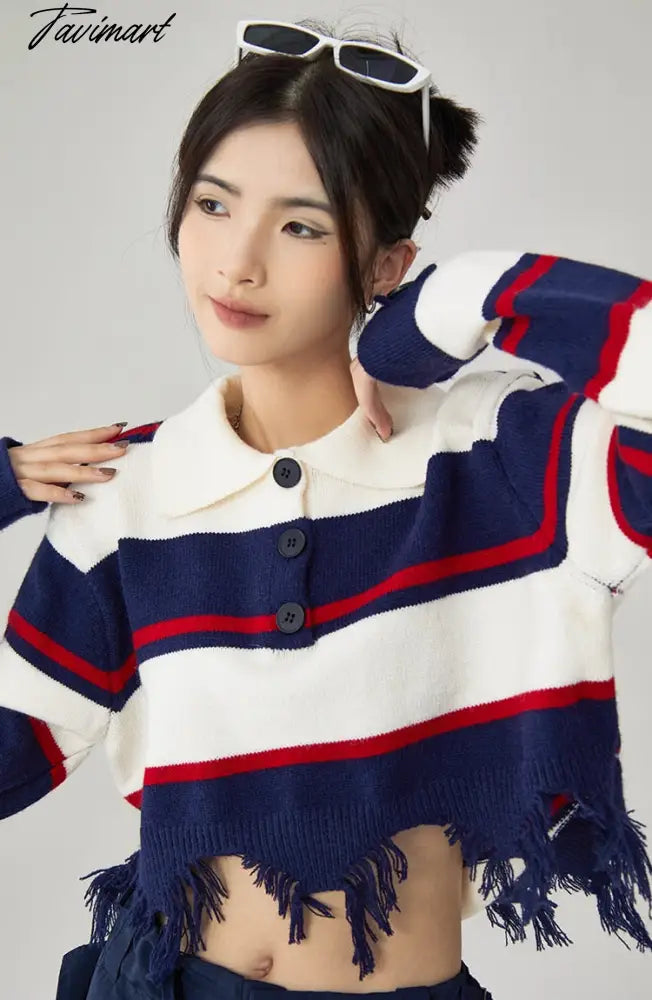 Women Navy Blue Stripe Sweater Short POLO Collar Contrasting Colors Fashion Tassels Leisure Winter Long Sleeves Knitting Tops