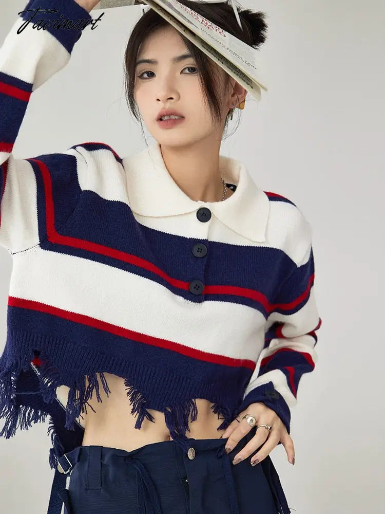 Women Navy Blue Stripe Sweater Short POLO Collar Contrasting Colors Fashion Tassels Leisure Winter Long Sleeves Knitting Tops