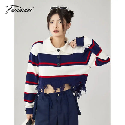 Women Navy Blue Stripe Sweater Short POLO Collar Contrasting Colors Fashion Tassels Leisure Winter Long Sleeves Knitting Tops