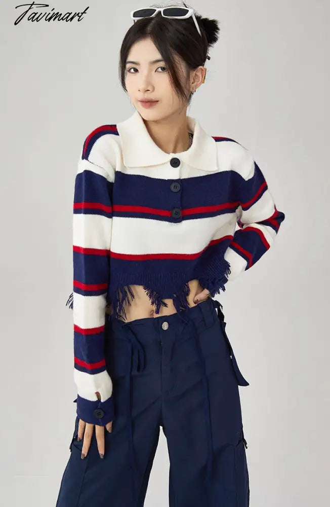 Women Navy Blue Stripe Sweater Short POLO Collar Contrasting Colors Fashion Tassels Leisure Winter Long Sleeves Knitting Tops