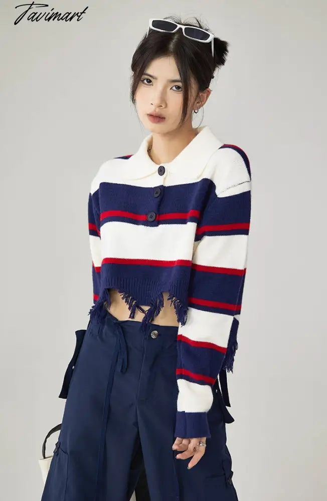 Women Navy Blue Stripe Sweater Short POLO Collar Contrasting Colors Fashion Tassels Leisure Winter Long Sleeves Knitting Tops
