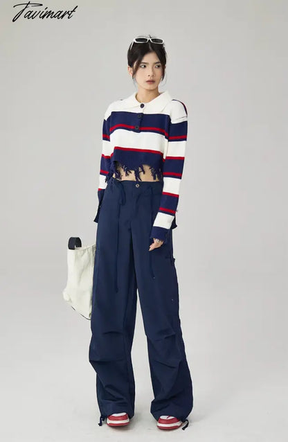 Women Navy Blue Stripe Sweater Short POLO Collar Contrasting Colors Fashion Tassels Leisure Winter Long Sleeves Knitting Tops