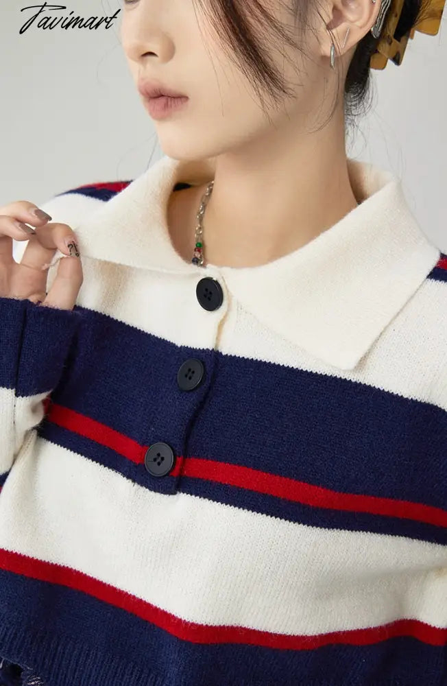 Women Navy Blue Stripe Sweater Short POLO Collar Contrasting Colors Fashion Tassels Leisure Winter Long Sleeves Knitting Tops
