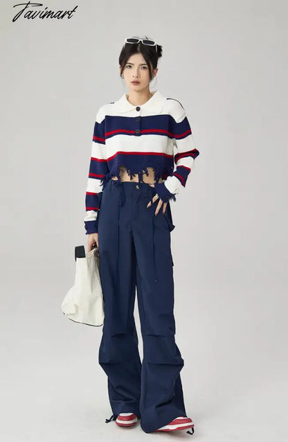 Women Navy Blue Stripe Sweater Short POLO Collar Contrasting Colors Fashion Tassels Leisure Winter Long Sleeves Knitting Tops