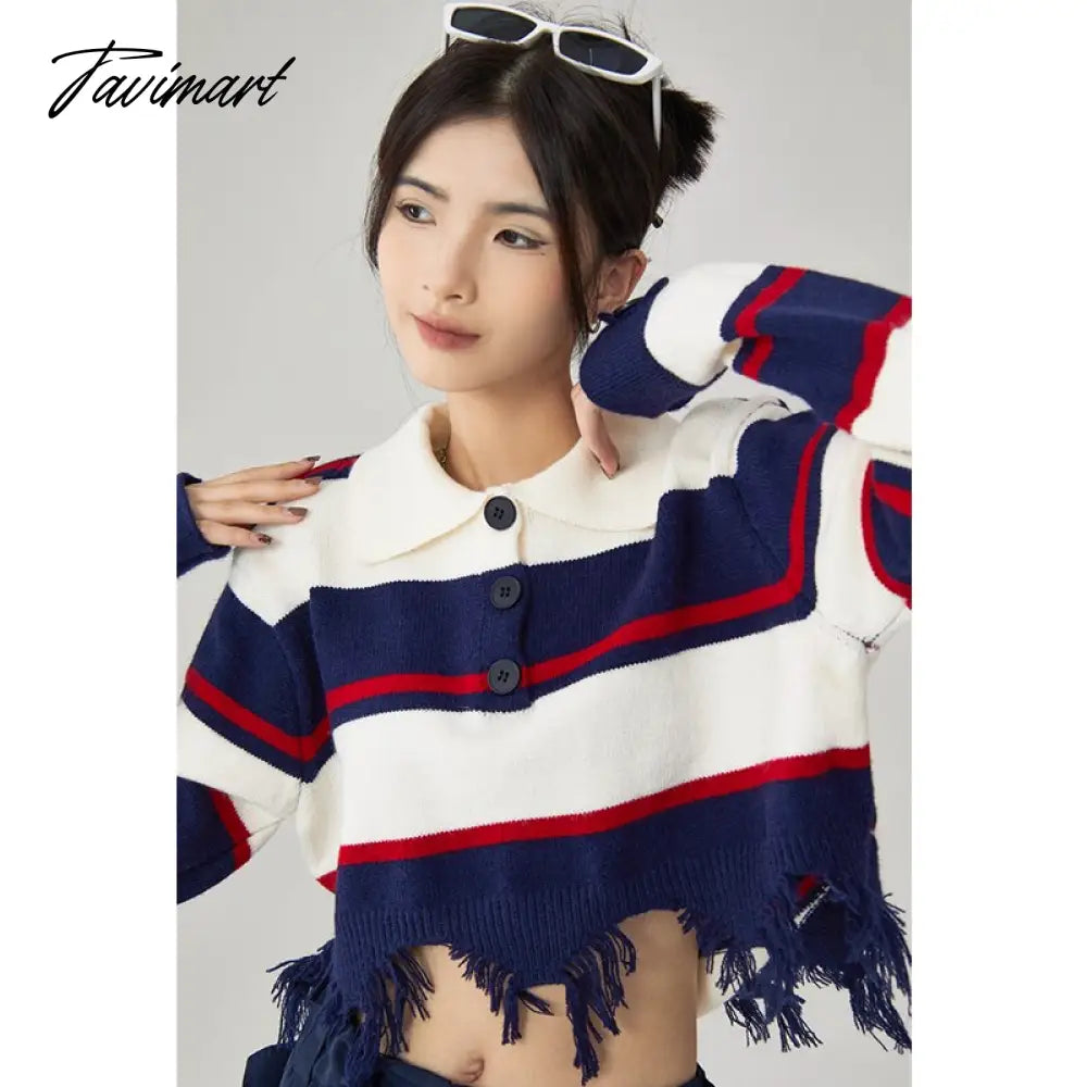 Women Navy Blue Stripe Sweater Short POLO Collar Contrasting Colors Fashion Tassels Leisure Winter Long Sleeves Knitting Tops