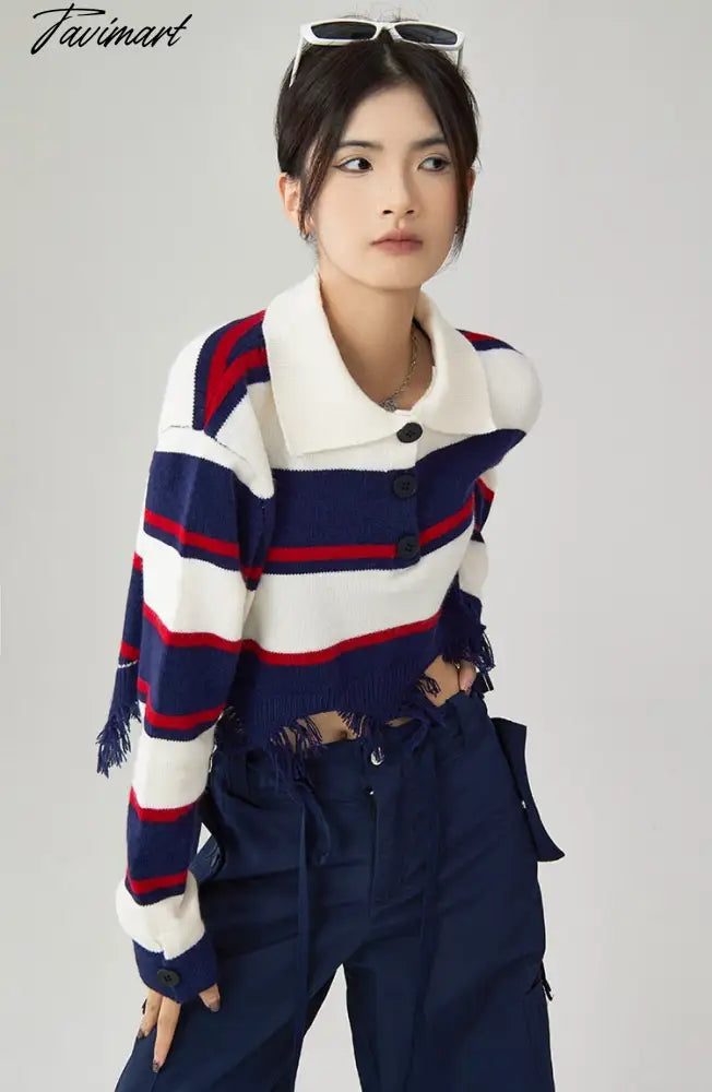 Women Navy Blue Stripe Sweater Short POLO Collar Contrasting Colors Fashion Tassels Leisure Winter Long Sleeves Knitting Tops