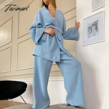 Women Pajamas Solid Color Cotton Breathable Sweat Clothes Tie-Up Two Piece Set Autumn French Loose Nightgown Trousers Suits