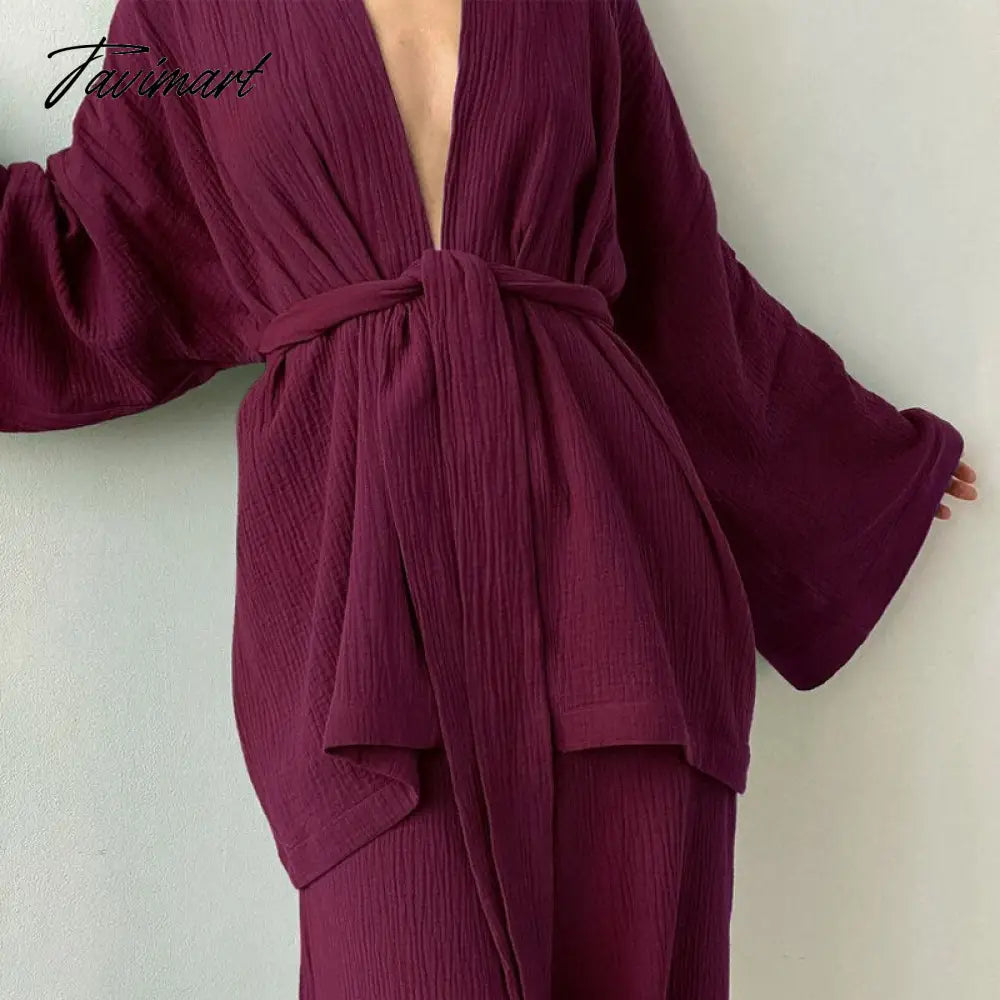 Women Pajamas Solid Color Cotton Breathable Sweat Clothes Tie-Up Two Piece Set Autumn French Loose Nightgown Trousers Suits