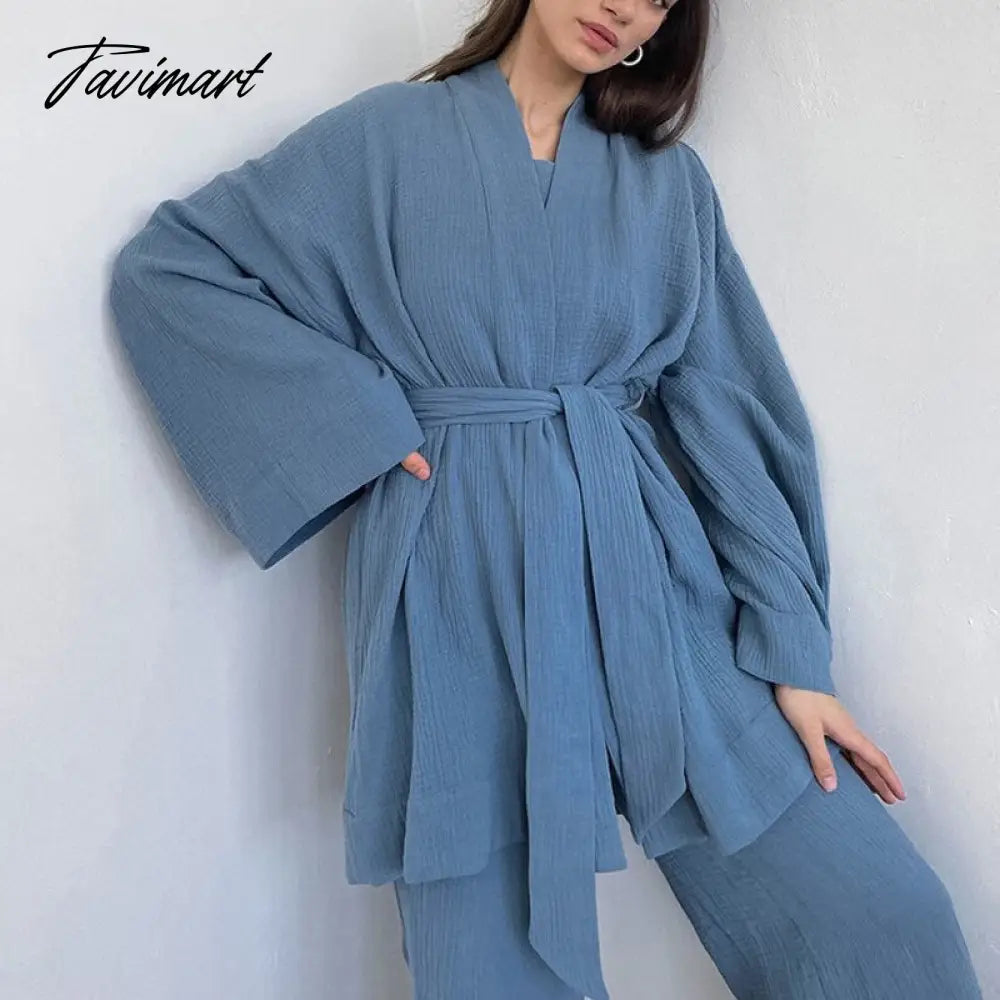Women Pajamas Solid Color Cotton Breathable Sweat Clothes Tie-Up Two Piece Set Autumn French Loose Nightgown Trousers Suits