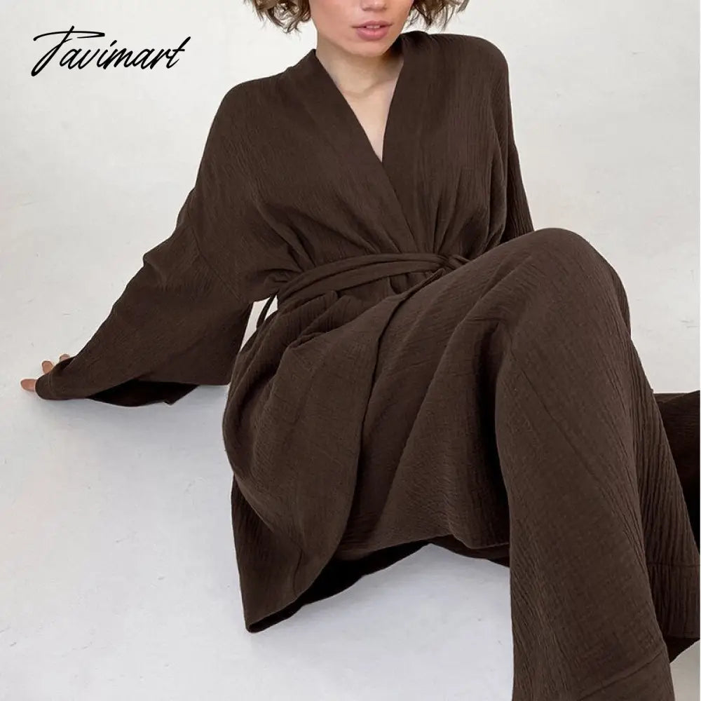 Women Pajamas Solid Color Cotton Breathable Sweat Clothes Tie-Up Two Piece Set Autumn French Loose Nightgown Trousers Suits